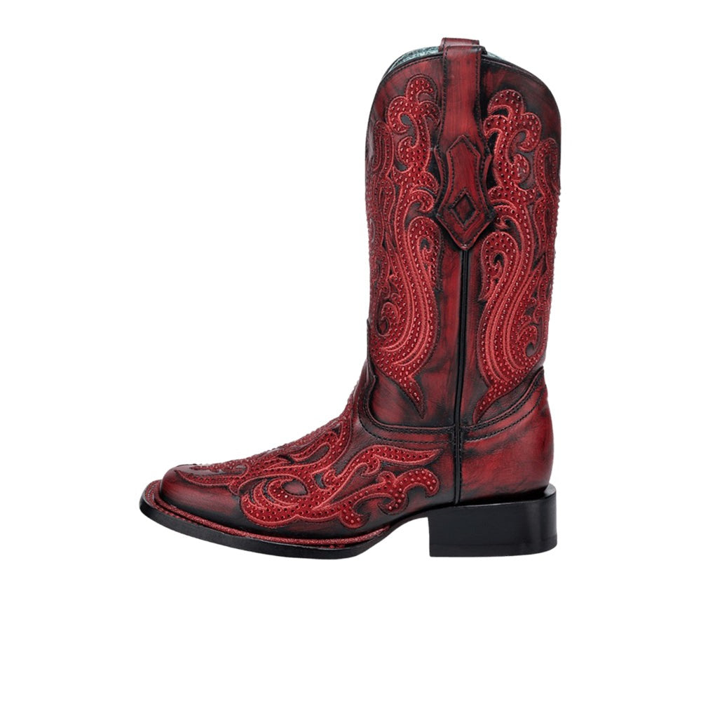 Embroidered Crystals Square Toe Pull On Cowboy Boots