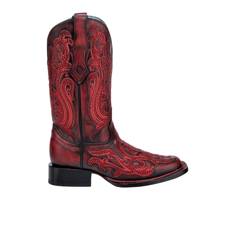 Embroidered Crystals Square Toe Pull On Cowboy Boots