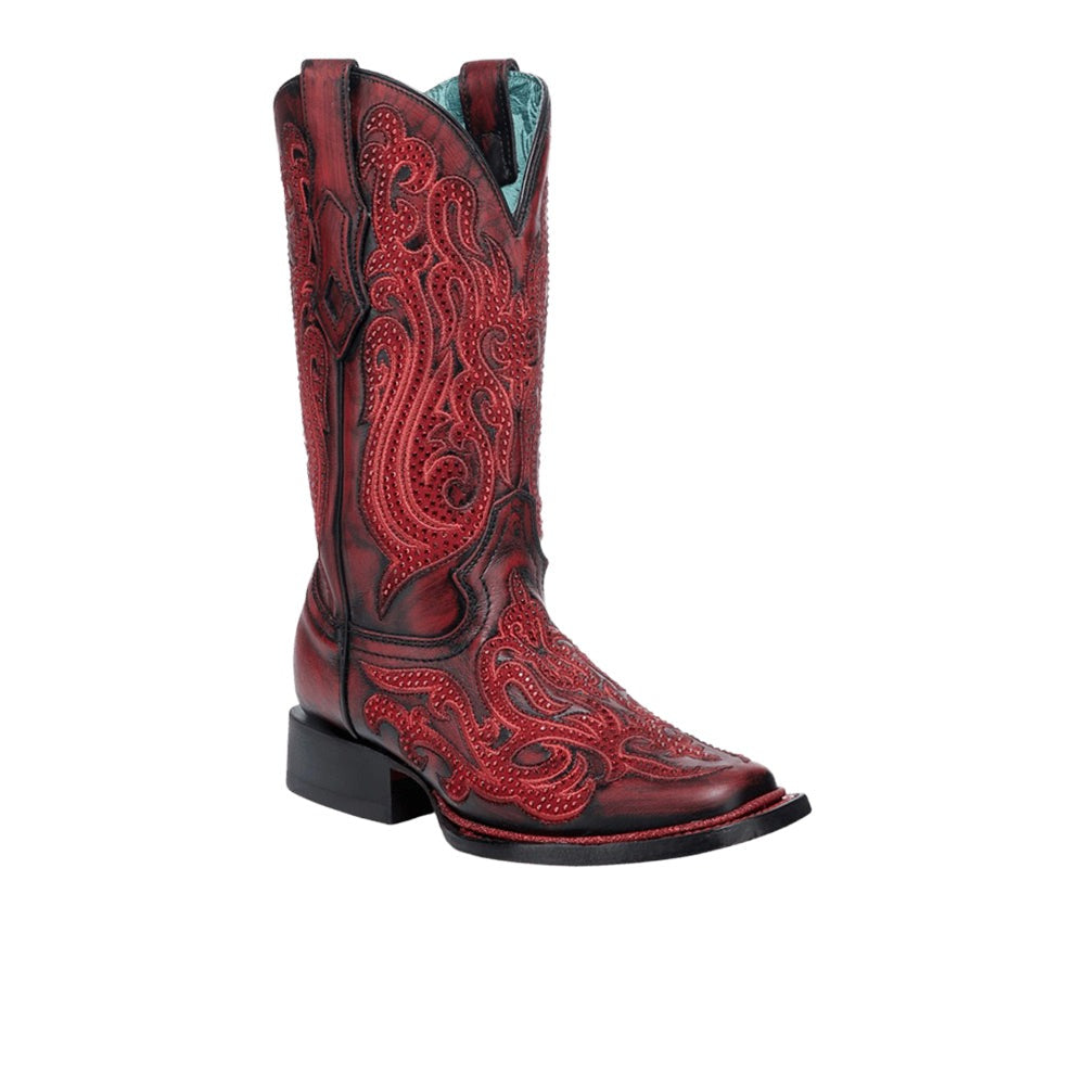 Embroidered Crystals Square Toe Pull On Cowboy Boots