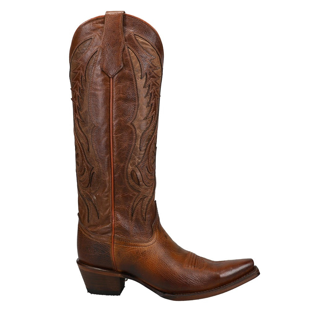 Bronze Tooled-Inlay Snip Toe Pull On Cowboy Boots
